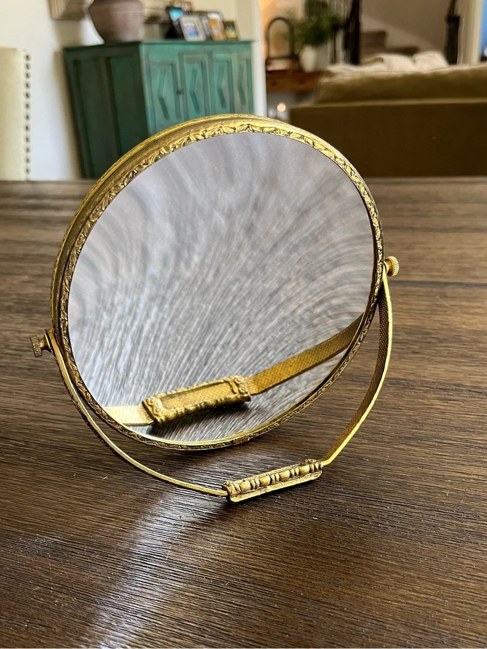 Vintage | Gold Brass Filagree Hinged Vanity Mirror | Double-Sided | Beveled